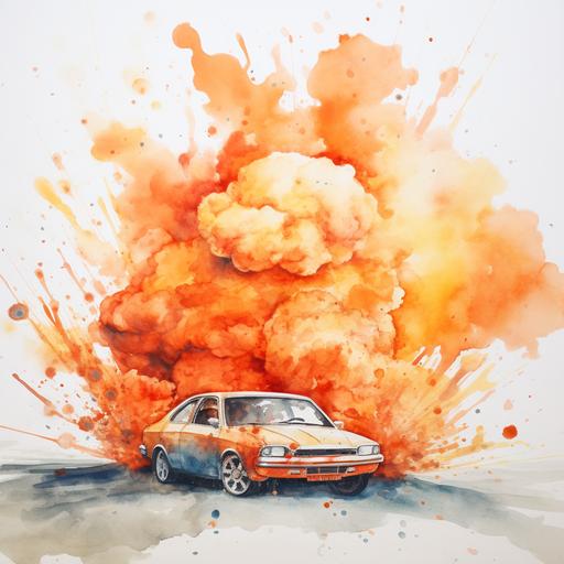 a bomb under a car, The background is made of orange watercolour water colours on a white background. In the middle of the picture there are stains formed by this watercolor that go over each other in different ways kind of resembling dissolved smoke. The background doesn't touch the edge of the picture at all and is just in space