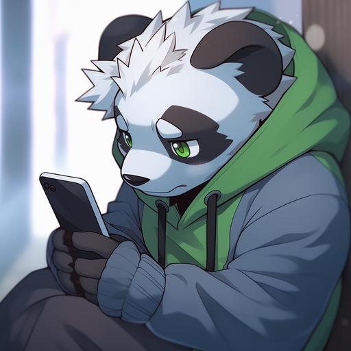 a bored panda checking their phone notifications, in the style of furry art, furaffinity, deviantart --q 5 --niji 5