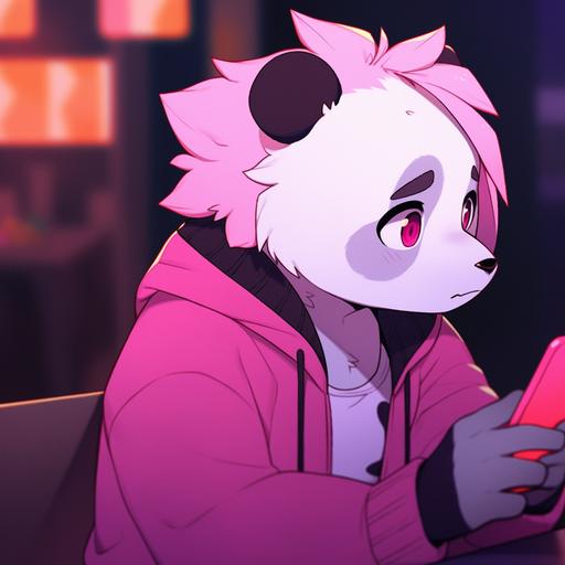 a bored panda checking their phone notifications, in the style of furry art, furaffinity, deviantart --q 5 --niji 5