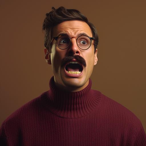 a boring person wearing a maroon turtle neck sweater and glasses with a mustache screaming. real life, real people, photorealistic