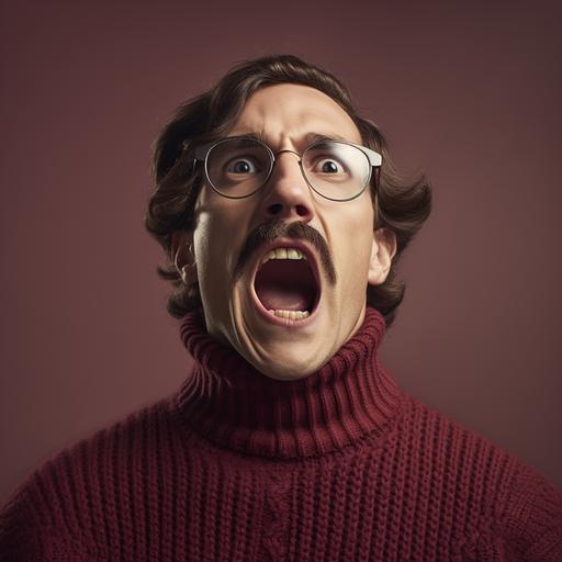 a boring person wearing a maroon turtle neck sweater and glasses with a mustache screaming. real life, real people, photorealistic