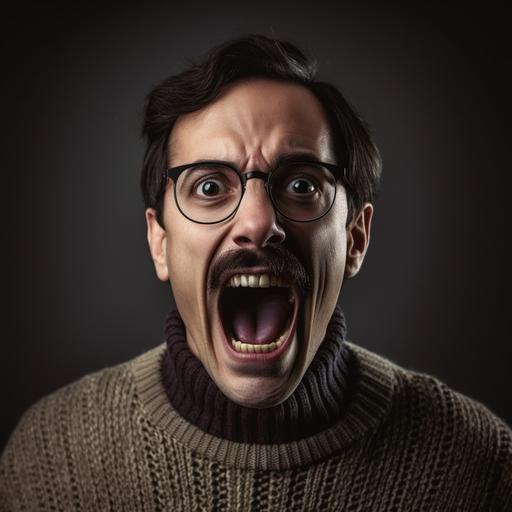 a boring person wearing a turtle neck sweater and glasses with a mustache screaming. real life, real people, photorealistic
