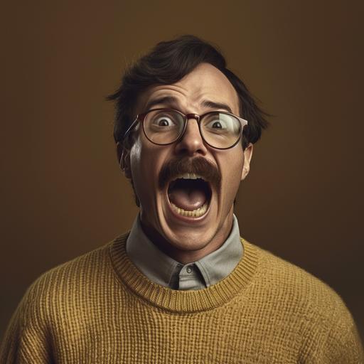 a boring person wearing a turtle neck sweater and glasses with a mustache screaming. real life, real people, photorealistic