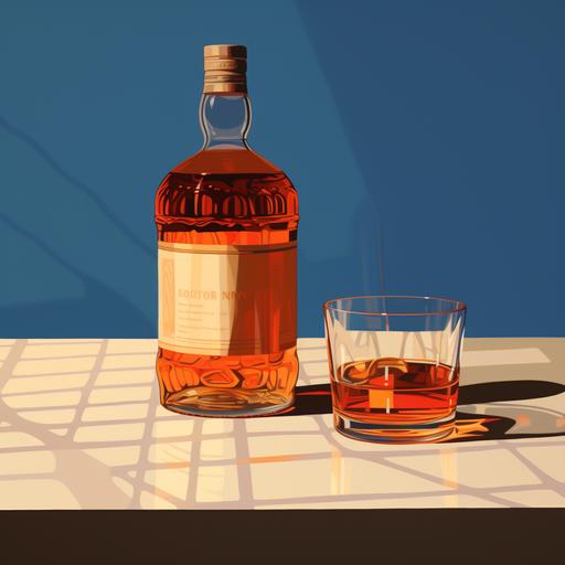 a bottle of bourbon and a glass of bourbon in the style of David Hockney, illustrative, 80s aesthetic