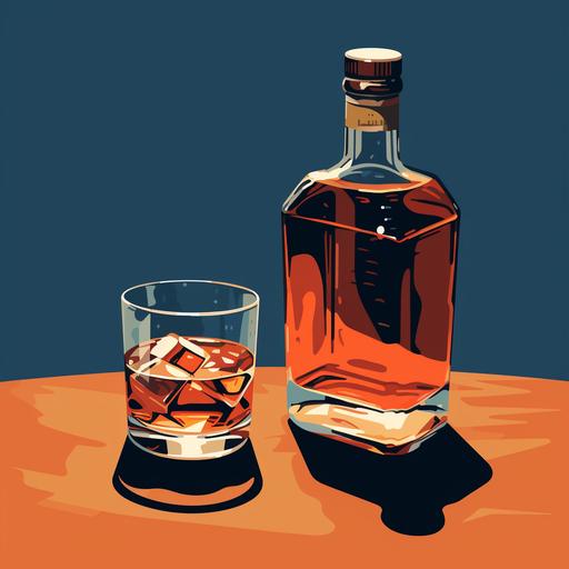 a bottle of bourbon and a glass of bourbon, simple, maximum 4 colors, illustrative