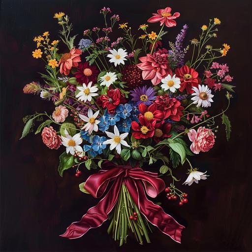 a bouquet of wild flowers tied with a burgandy ribbon beauitful realistic vibrant