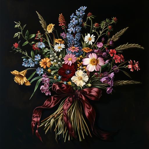 a bouquet of wild flowers tied with a burgandy ribbon beauitful realistic vibrant