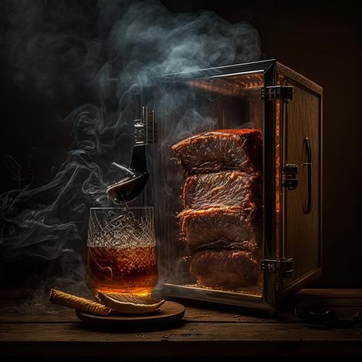 a bourbon glass sits on a side box smoker with the door open, with spare ribs smoking on the grill. --v 4
