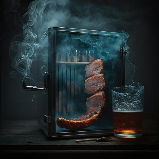 a bourbon glass sits on a side box smoker with the door open, with spare ribs smoking on the grill. --v 4
