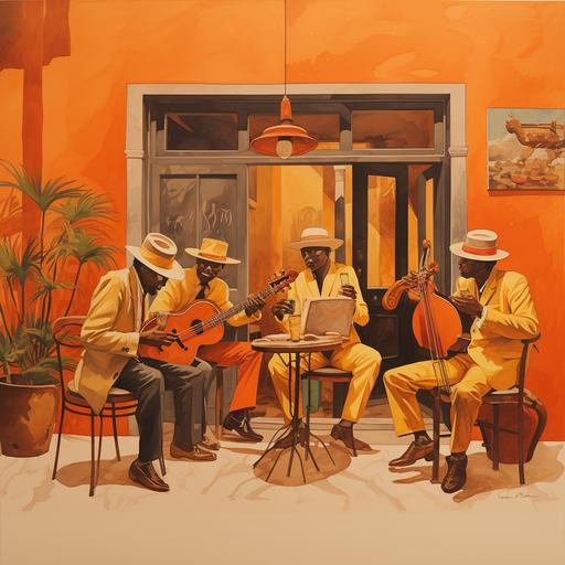 a boutique with 5 musicians playing brazilian music at a table with the argentinian old style and color pallete orange to brown