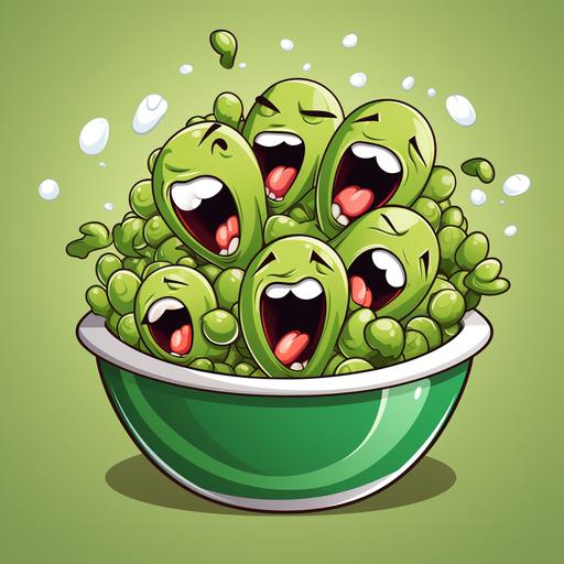 a bowl of peas with screaming faces sticker, cartoon style