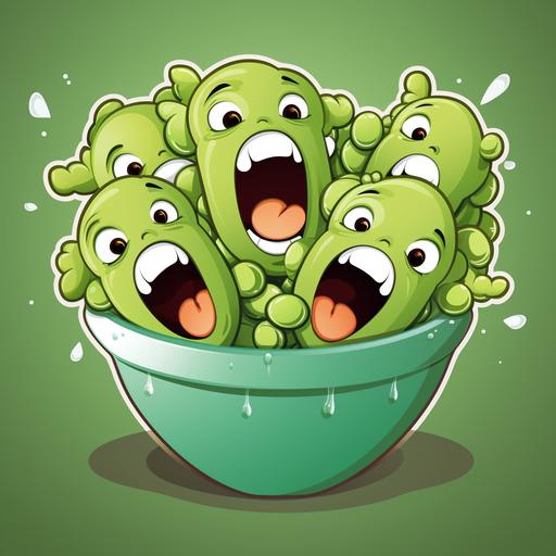 a bowl of peas with screaming faces sticker, cartoon style
