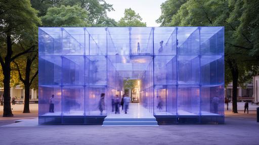 a box of architecture design pavilion made of blue and purple sequin fabric, by junya ishigami, parametric design, inside park --ar 16:9 --s 200 --style raw