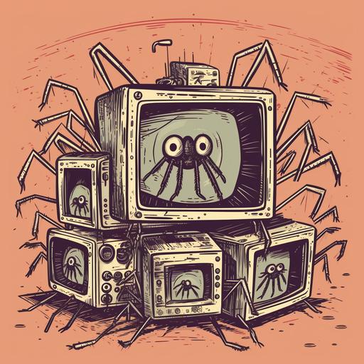 a box with tv screens instead of walls, there is an image of a funny fat spider on those tv screens and we can see the spider inside the box as well with video camera, cartoon --v 5 --s 750