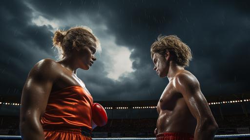 a boxing match held outdoors on a stage beneath very stormy skies. The boxer on the left is a self-confident black woman wearing blue boxing shorts and gloves; while the boxer on the right is male, much taller, with a wavy blonde hair comb-over, an orange face and wearing red boxing shorts and golden boxing gloves. The style is that of a graphic novel. --ar 16:9