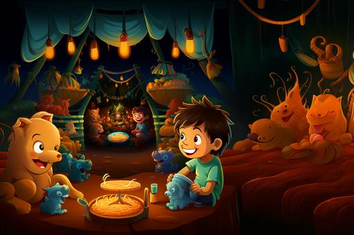 a boy eating spaghetti, with various cartoon animals, in a soft play adventure park, they are all laughing. children´s illustration style.