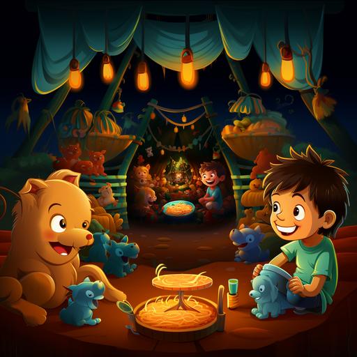 a boy eating spaghetti, with various cartoon animals, in a soft play adventure park, they are all laughing. children´s illustration style.