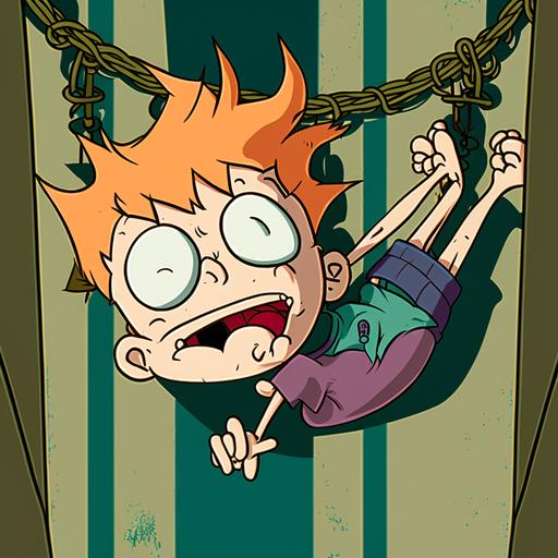 a boy hanging upside down, sleeping like a bat, in the house, hammock, in the style of Rugrats cartoon --v 4