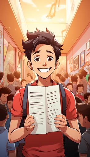 a boy in a school holding exam paper in his hand with A+ grade written on it, comic style --ar 4:7 --s 250