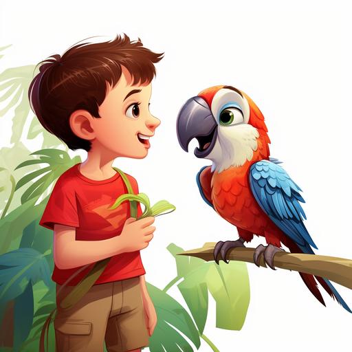 a boy looks at a talking parrot in the zoo , cartoon, disney animation, white background --v 5.2