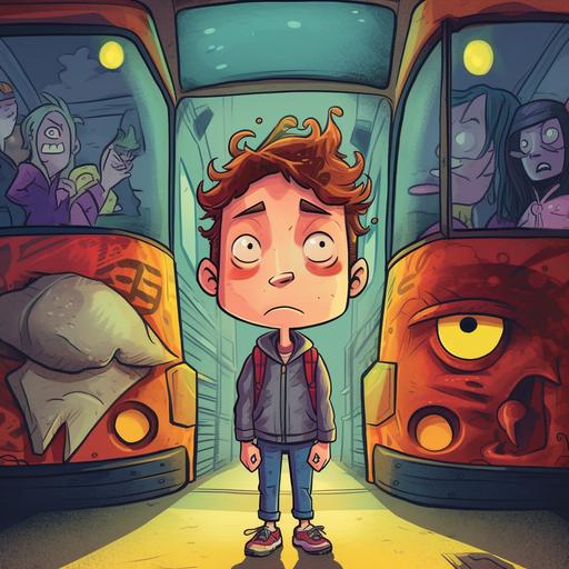 a boy on a bus with his head down standing infront of a bully, cartoon, colorful