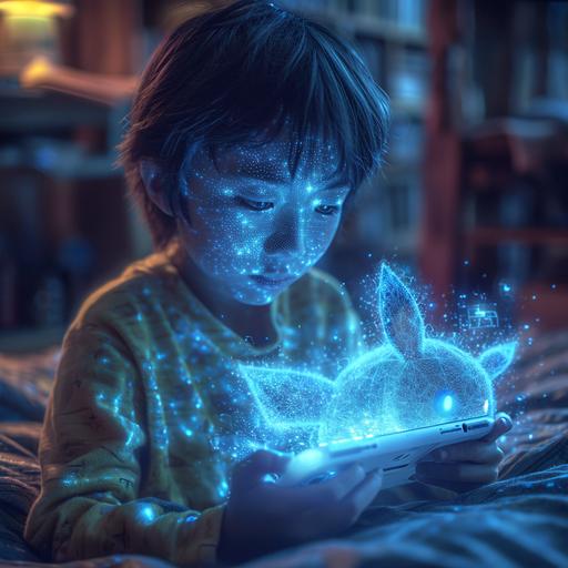 a boy playing a switch console, he switches it on , a wireframe hologram of eevee an pikachu emerge from the screen, dark light in a bedroom at night --s 750 --v 6.0