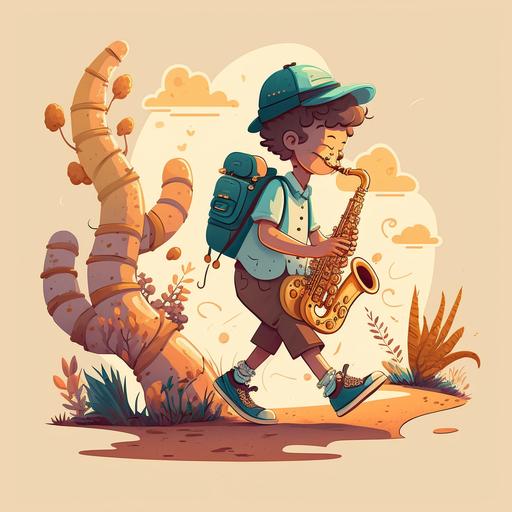 a boy playing saxophone while traveling cartoon style