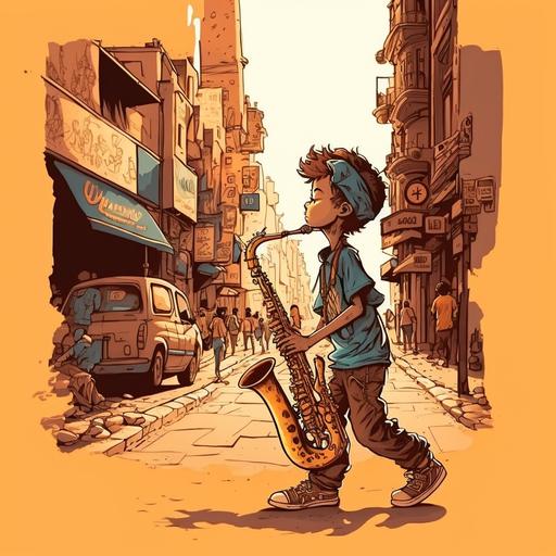 a boy playing saxophone while traveling cartoon style