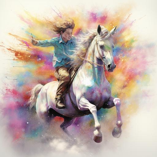 a boy riding a unicorn:: in watercolor art print, in the style of frank miller, uhd image, peter saville, rosa bonheur, imaging, animation, bifrost, lith printing, motion blur --no water, snow, ice