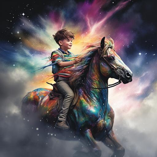 a boy riding a unicorn:: in watercolor art print, in the style of frank miller, uhd image, peter saville, rosa bonheur, imaging, animation, bifrost, lith printing, motion blur --no water, snow, ice