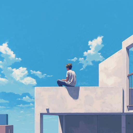 a boy sitting on a balcony, feet in the void, looking at the blue sky, abstract style