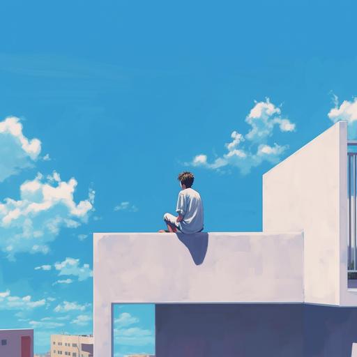 a boy sitting on a balcony, feet in the void, looking at the blue sky, abstract style