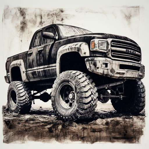 a brand new pickup truck with big wheels and raised suspension, the truck is framed inside a truck mud tire and the whole image is in the style of washed up stamp paint, white on black