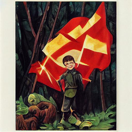 a brave boy in the forest with a flag depicting a fiery heart, ussr postcard style, goblin mode, in modern clotches--v 4 --upbeta