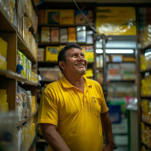 a brazilian native guarani wearing an yellow polo shirt working at the postal office, smiling, proud, looking up, real, warm