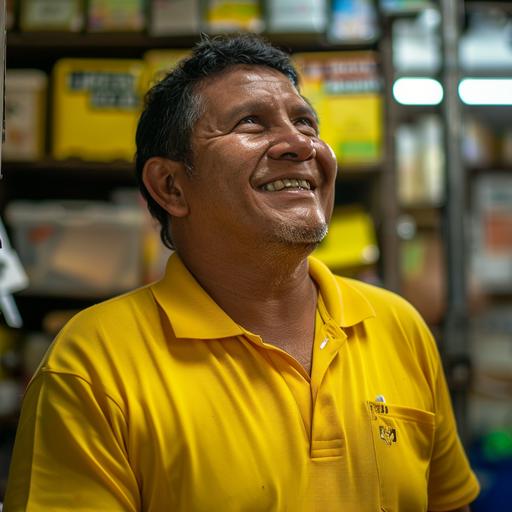 a brazilian native guarani wearing an yellow polo shirt working at the postal office, smiling, proud, looking up, real, warm