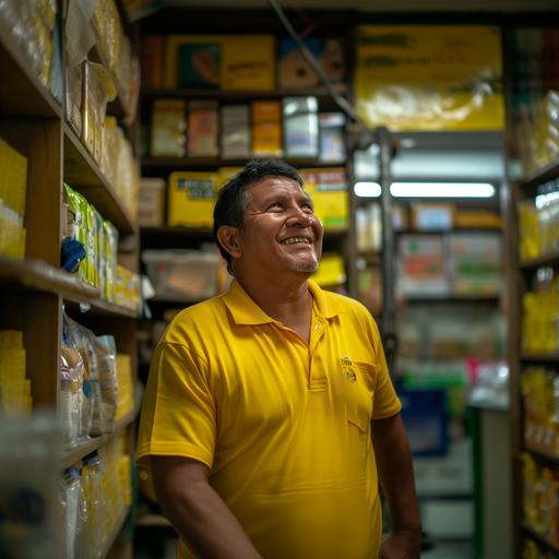 a brazilian native guarani wearing an yellow polo shirt working at the postal office, smiling, proud, looking up, real, warm --v 6.0
