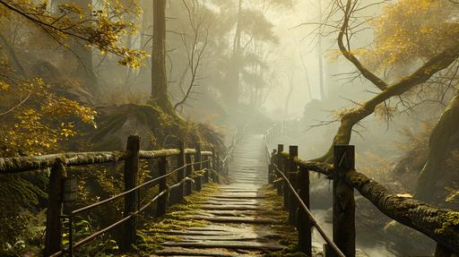 a bridge leading to the entrance of a carboniferous forest maze, view from bridge, long delapelated bridge, misty, yellow haze --ar 16:9 --v 6.0