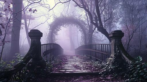 a bridge leading to the entrance of a carboniferous forest maze, view from bridge, long delapelated bridge, misty, purple haze --ar 16:9 --v 6.0