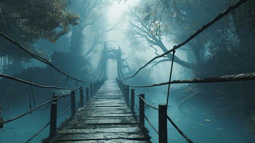 a bridge leading to the entrance of a carboniferous forest maze, view from bridge, long delapelated bridge, misty, blue haze --ar 16:9 --v 6.0