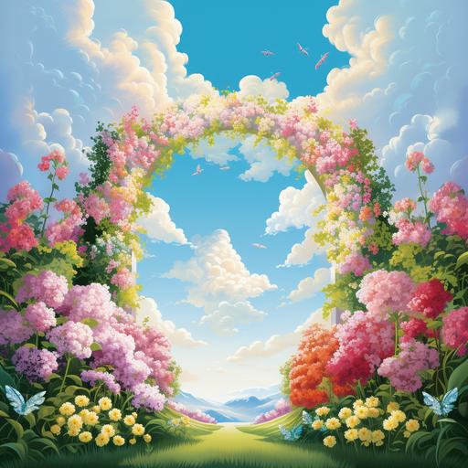 a bright art illustration of an arch with colour full flowers afternoon sky with big clouds and bright trees and plants and grass