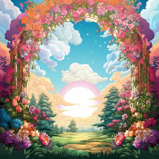 a bright art illustration of an arch with colour full flowers afternoon sky with big clouds and bright trees and plants and grass