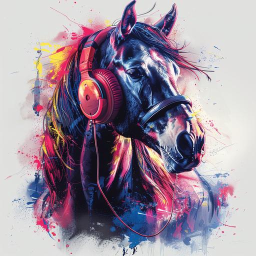 a bright graphic illustration of a horse facing the camera wearing a pair of headphones and 90's fashion listening to music white background,3d vector,t-shirt art,highly detailed bright bold colours 90's style art .--ar 4:3,raw ,--chaos 7 --s 750 --v 6.0