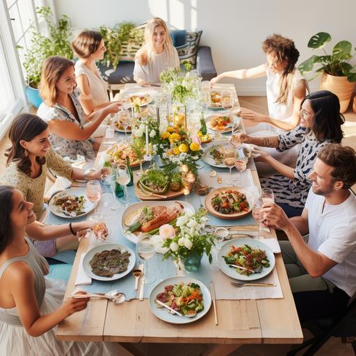 a bright, light, and airy high end commerical food photoshoot featuring an overhead shot of a dinner party tablescape with people seated around passing dishes, cheersing drinks, etc.