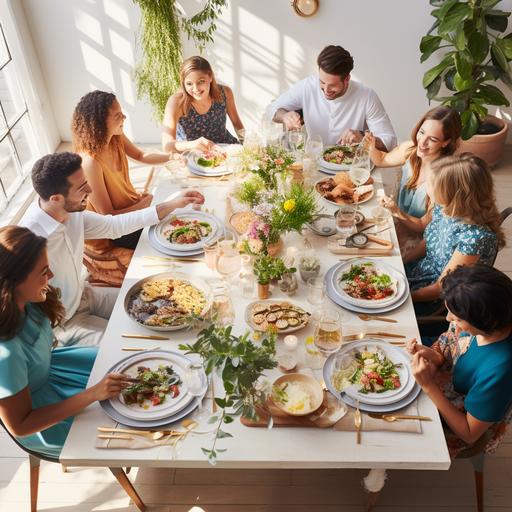 a bright, light, and airy high end commerical food photoshoot featuring an overhead shot of a dinner party tablescape with people seated around passing dishes, cheersing drinks, etc.