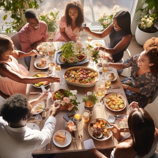 a bright, light, and airy high end commerical food photoshoot featuring an overhead shot of a dinner party tablescape with people seated around passing dishes, cheersing drinks, etc.