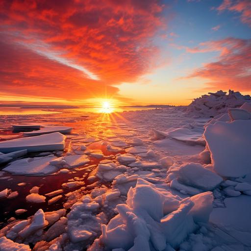 a bright orange alaskan sunrise over a frozen ocean