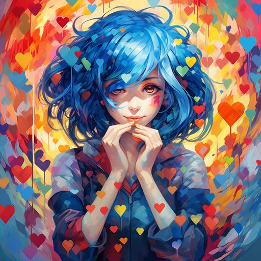 a brightly colored anime girl with blue hair, shaping a heart with her fingers, ❤️, heart shape, in the style of neo-mosaic, colorful, greebled, 🫶🏻 hands making a heart shape