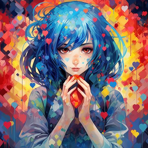 a brightly colored anime girl with blue hair, shaping a heart with her fingers, ❤️, heart shape, in the style of neo-mosaic, colorful, greebled, 🫶🏻 hands making a heart shape, multi colored hearts in background