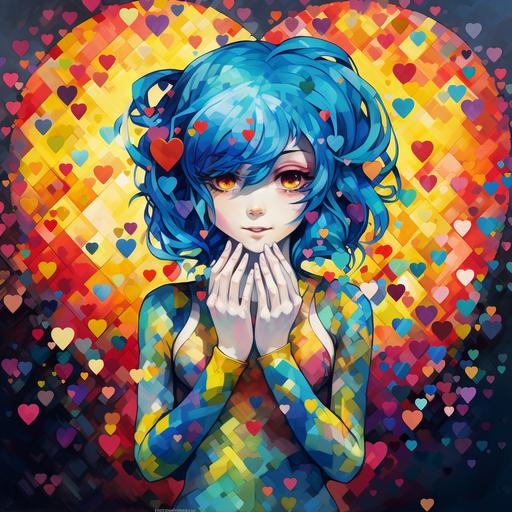 a brightly colored anime girl with blue hair, shaping a heart with her fingers, heart shape, in the style of neo-mosaic, colorful, greebled, hands making a heart shape